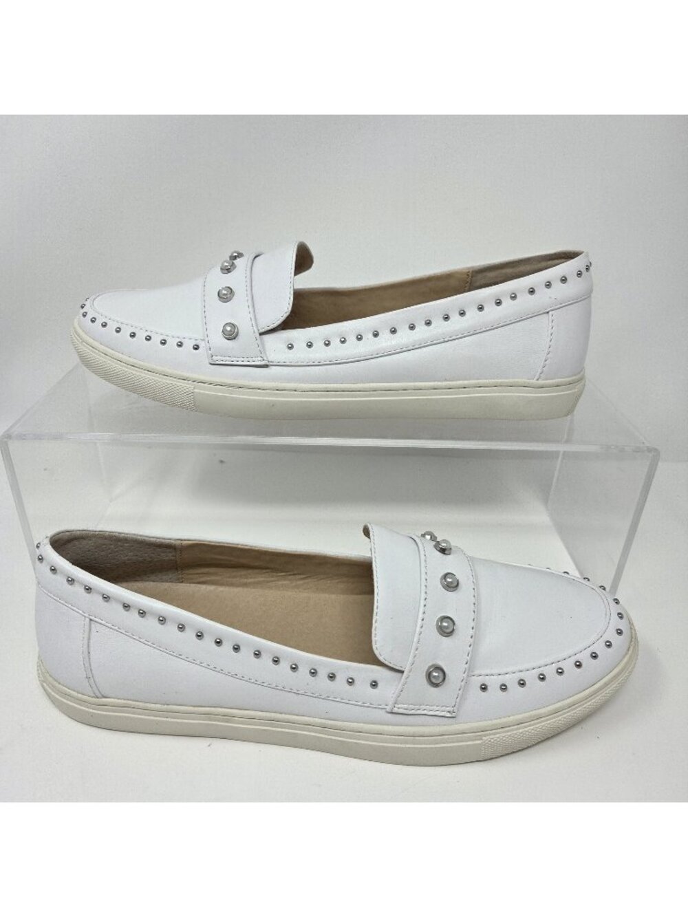 J/Slides Tennisshoes Women's 8.5 White Leather CeCe Studded Pearl Slip-On Medium